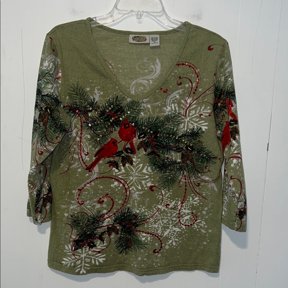 Collections ETC Olive Green V-Neck Top with Red Cardinal Print 0330265